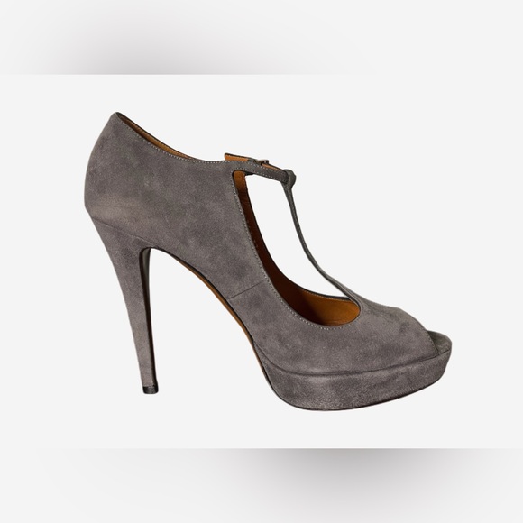 GUCCI T- Strap Platform Grey Suede Peep Toe Pumps - Size IT 37.5 | US 7.5 - Picture 2 of 16